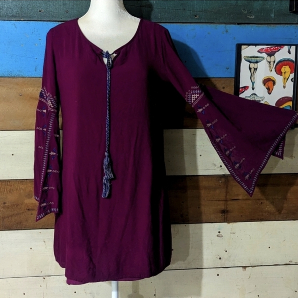 Entro Small Purple Embroidered Boho Sleeve Tunic A